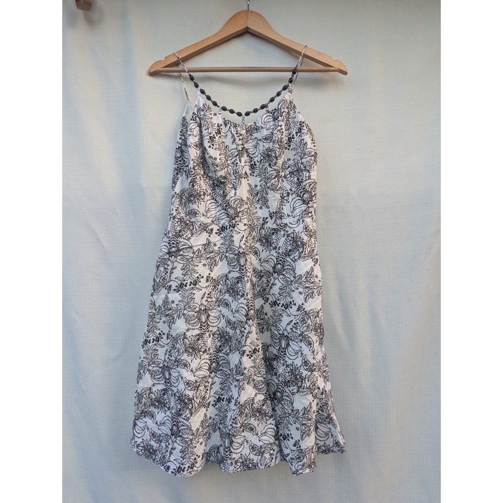 Ann Taylor LOFT Brown White Floral Beaded Neckline Dress 4 Cotton Fit Flare
